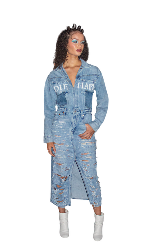 Distressed denim one piece